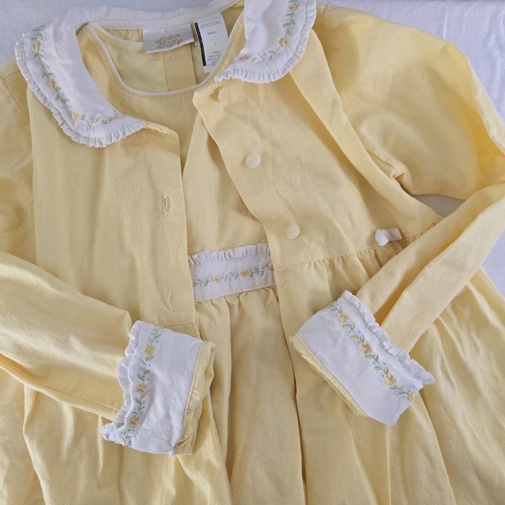 Little Bitty Girls Floral Embroidered‎ Dress Jacket Set 6 Yellow Linen Blend